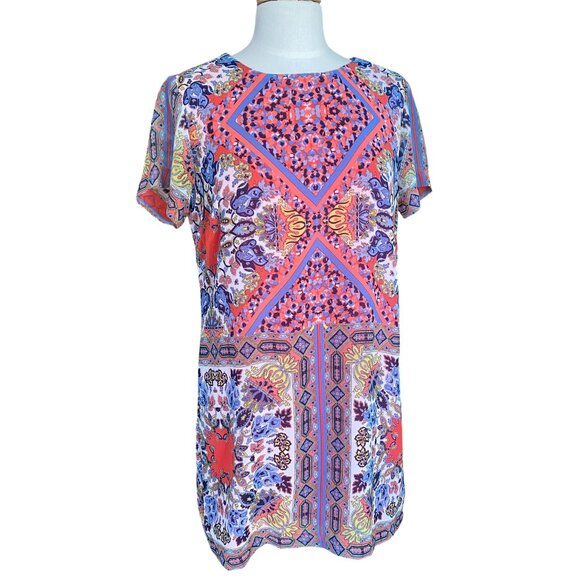Lulus Sangria Coral Pink Tile Print Mini Shift Dress Chiffon Boho Maximalist-L - Picture 13 of 13